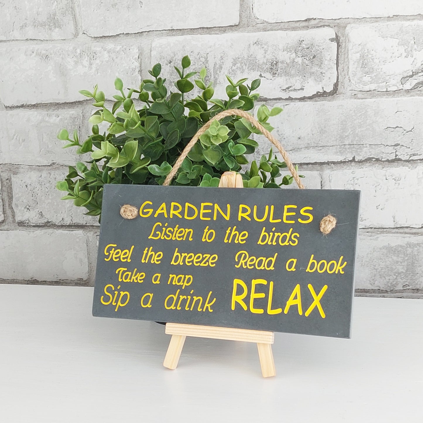 Slate Hanging Sign - Garden Rules (Yellow)