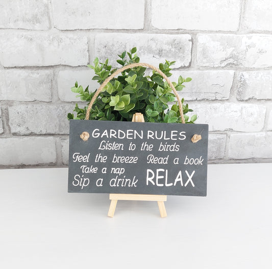 Slate Hanging Sign - Garden Rules (White)